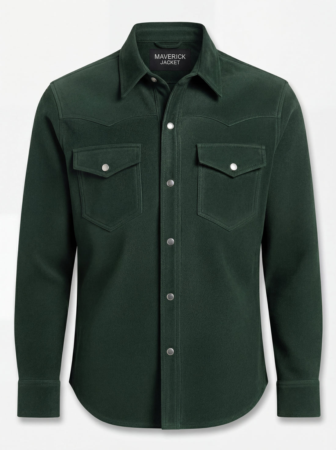 Men's green suede western shirt with pointed western yokes and dual chest flap pockets, Front View. The Liam by Maverick Jacket.