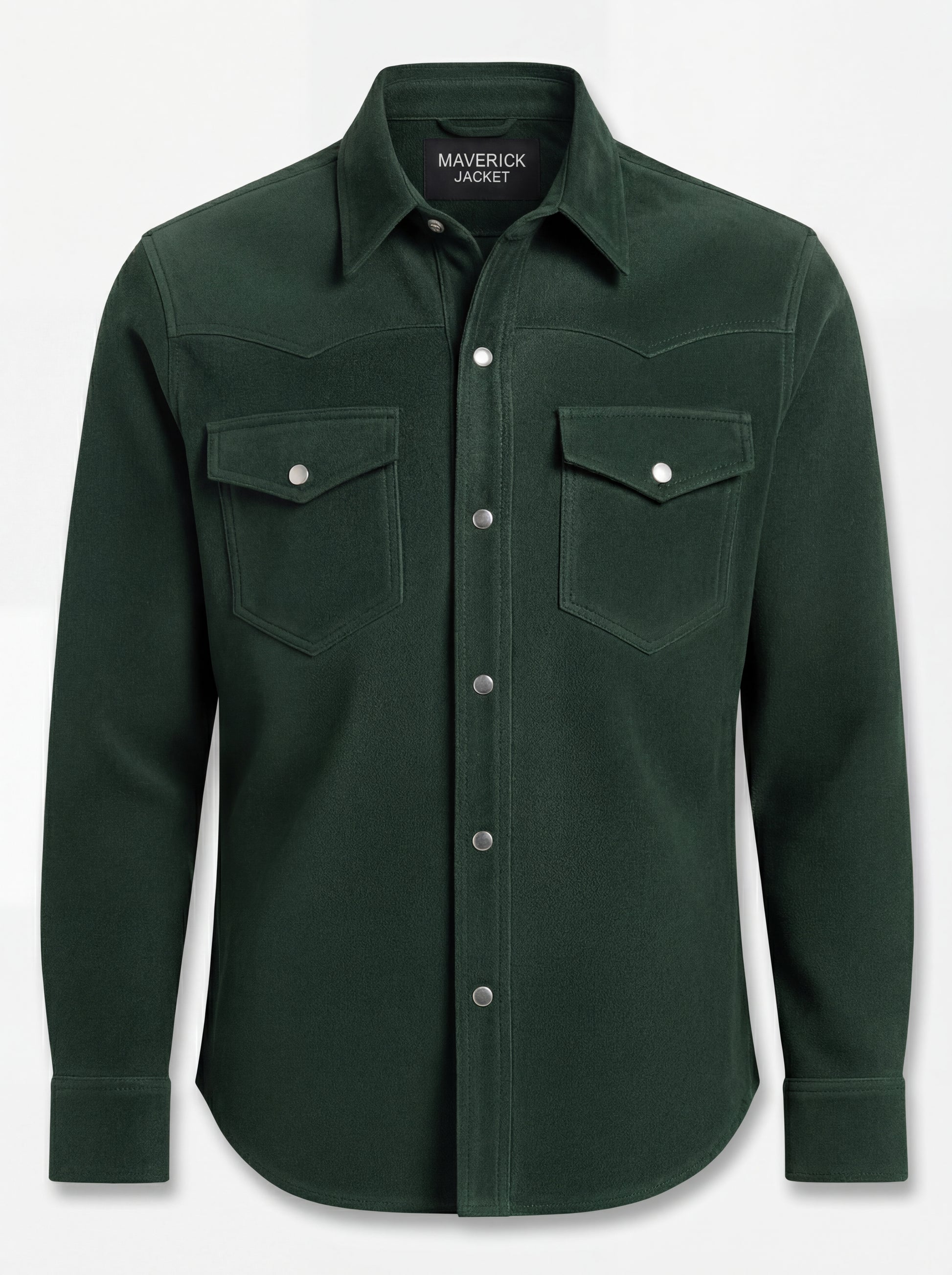 Men's green suede western shirt with pointed western yokes and dual chest flap pockets, Front View. The Liam by Maverick Jacket.