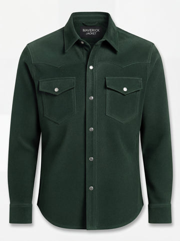 Men's green suede western shirt with pointed western yokes and dual chest flap pockets, Front View. The Liam by Maverick Jacket.