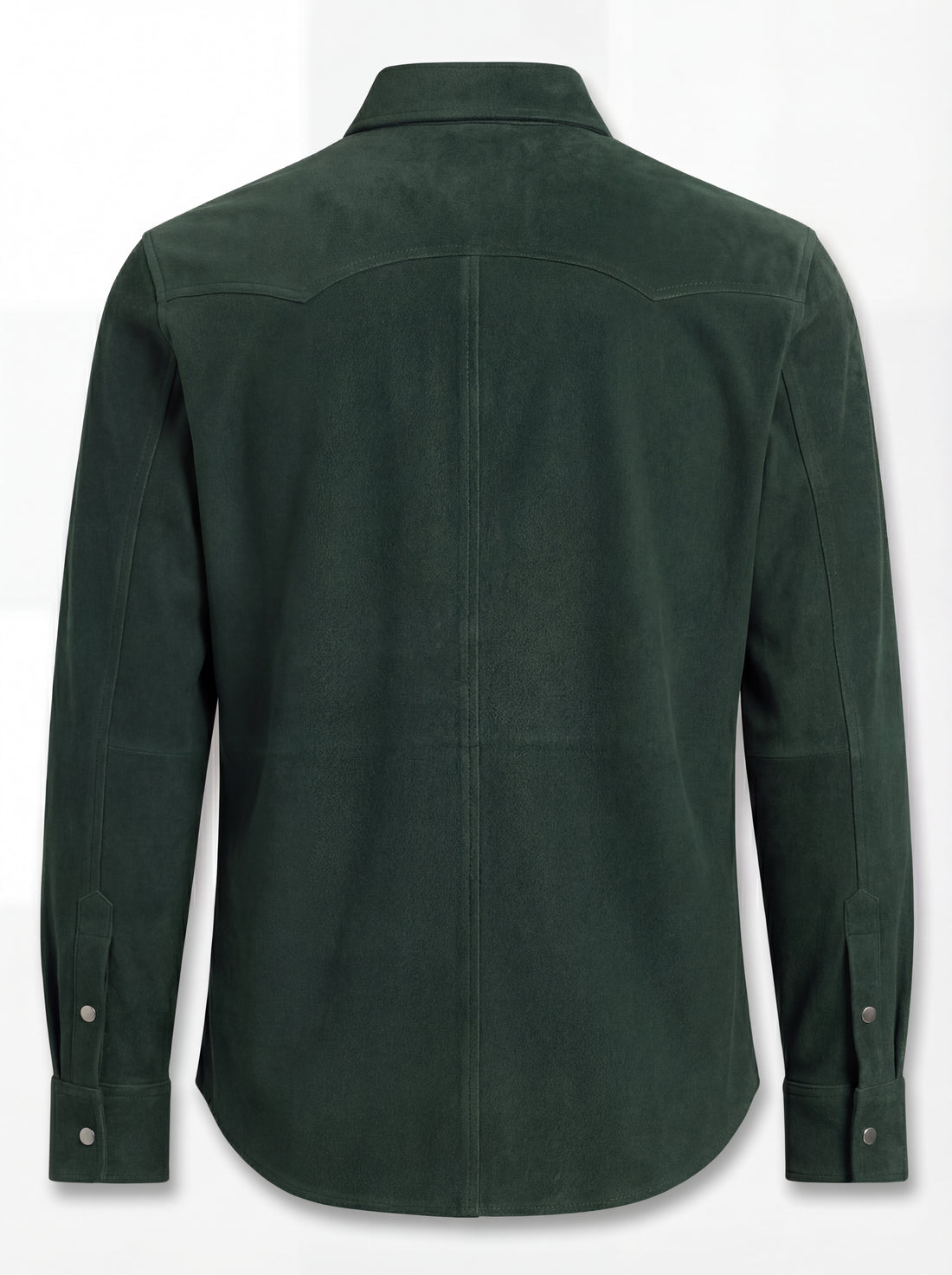 Men's green suede western shirt with pointed western yokes and dual chest flap pockets, Front View. The Liam by Maverick Jacket.