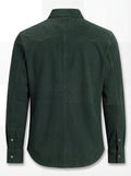 Rear view of green suede western shirt showing pointed western back yoke and vertical center seam. The Liam by Maverick Jacket.