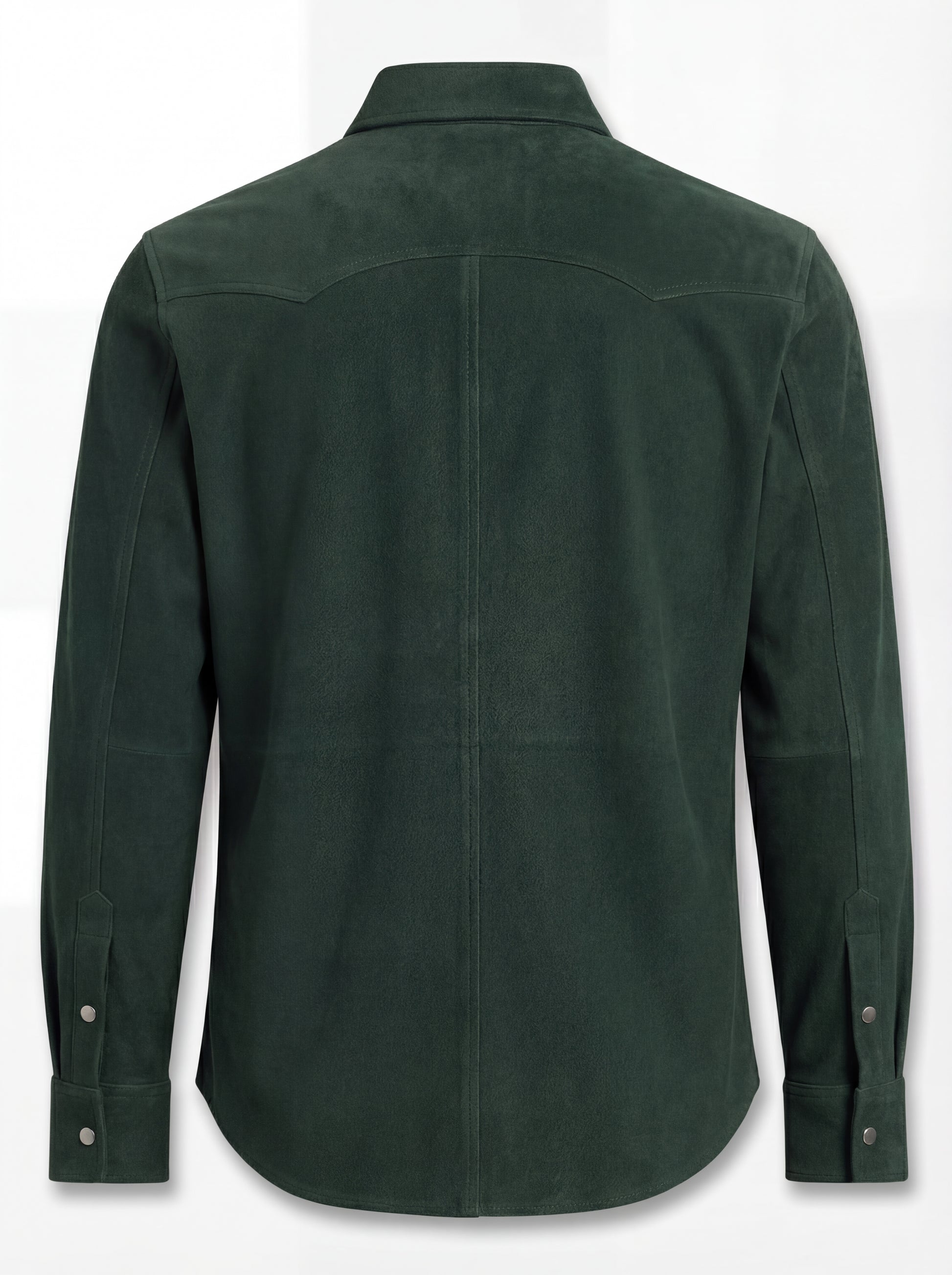 Rear view of green suede western shirt showing pointed western back yoke and vertical center seam. The Liam by Maverick Jacket.