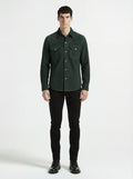 Male model wearing Maverick Liam green suede western shirt, regular fit, styled with black jeans. Maverick Jacket.