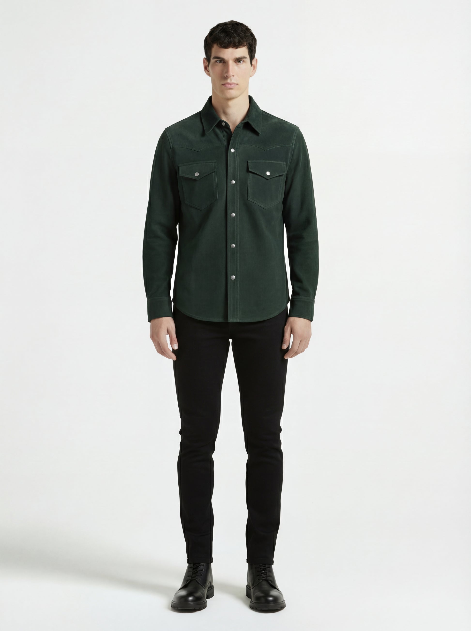 Male model wearing Maverick Liam green suede western shirt, regular fit, styled with black jeans. Maverick Jacket.