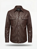 Men's dark brown leather overshirt with silver snap buttons and dual chest flap pockets, Front View. The Garrison by Maverick Jacket.