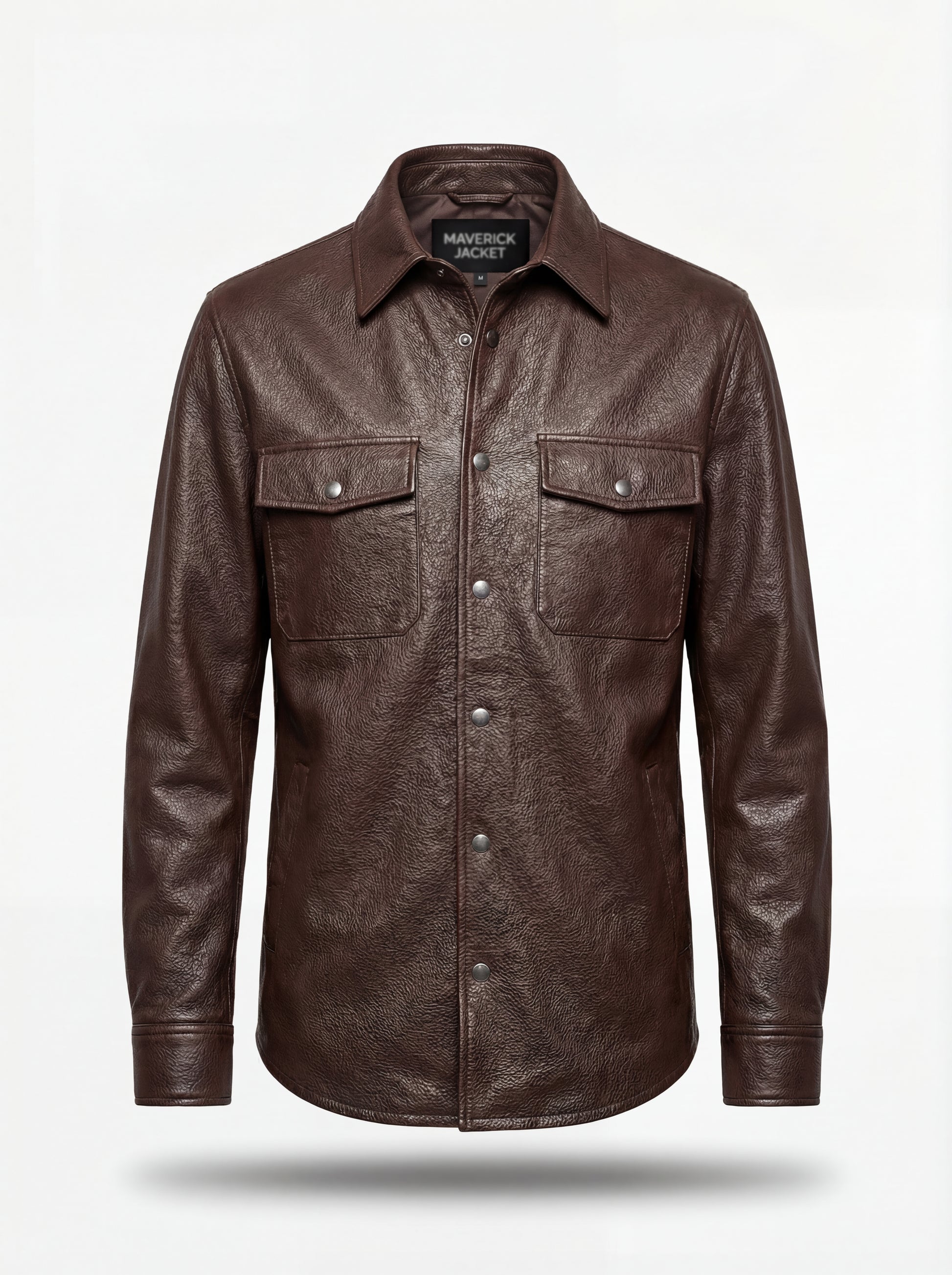 Men's dark brown leather overshirt with silver snap buttons and dual chest flap pockets, Front View. The Garrison by Maverick Jacket.