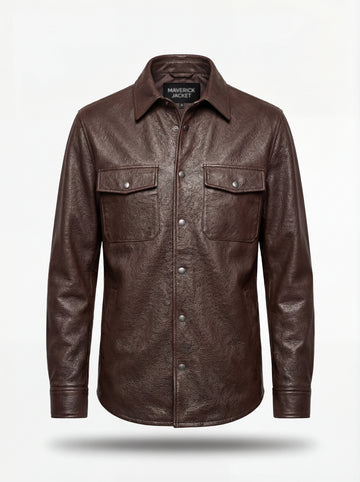 Men's dark brown leather overshirt with silver snap buttons and dual chest flap pockets, Front View. The Garrison by Maverick Jacket.