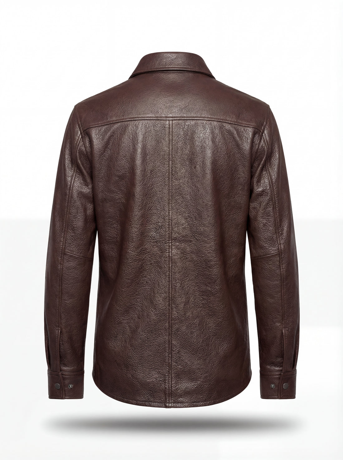 Men's dark brown leather overshirt with silver snap buttons and dual chest flap pockets, Front View. The Garrison by Maverick Jacket.