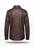 Rear view of dark brown leather overshirt showing vertical center seam and structured back yoke. The Garrison by Maverick Jacket.