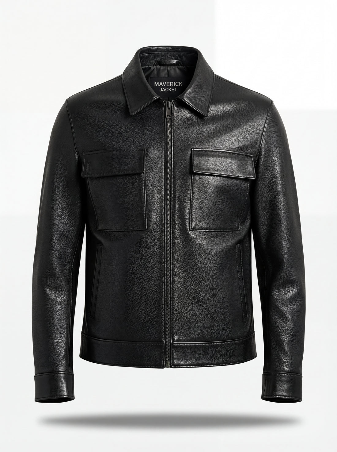 Men's black leather zip-front shirt with dual chest flap pockets and pointed collar, Front View. The Spencer by Maverick Jacket.