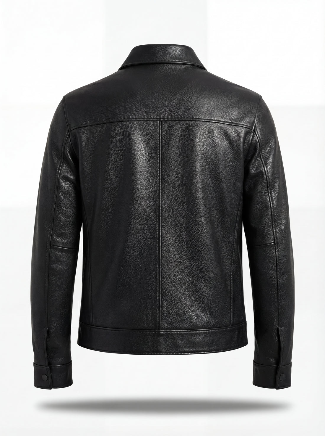 Men's black leather zip-front shirt with dual chest flap pockets and pointed collar, Front View. The Spencer by Maverick Jacket.
