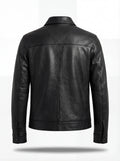 Rear view of black leather zip-front shirt showing vertical center seam and horizontal yoke paneling. The Spencer by Maverick Jacket.