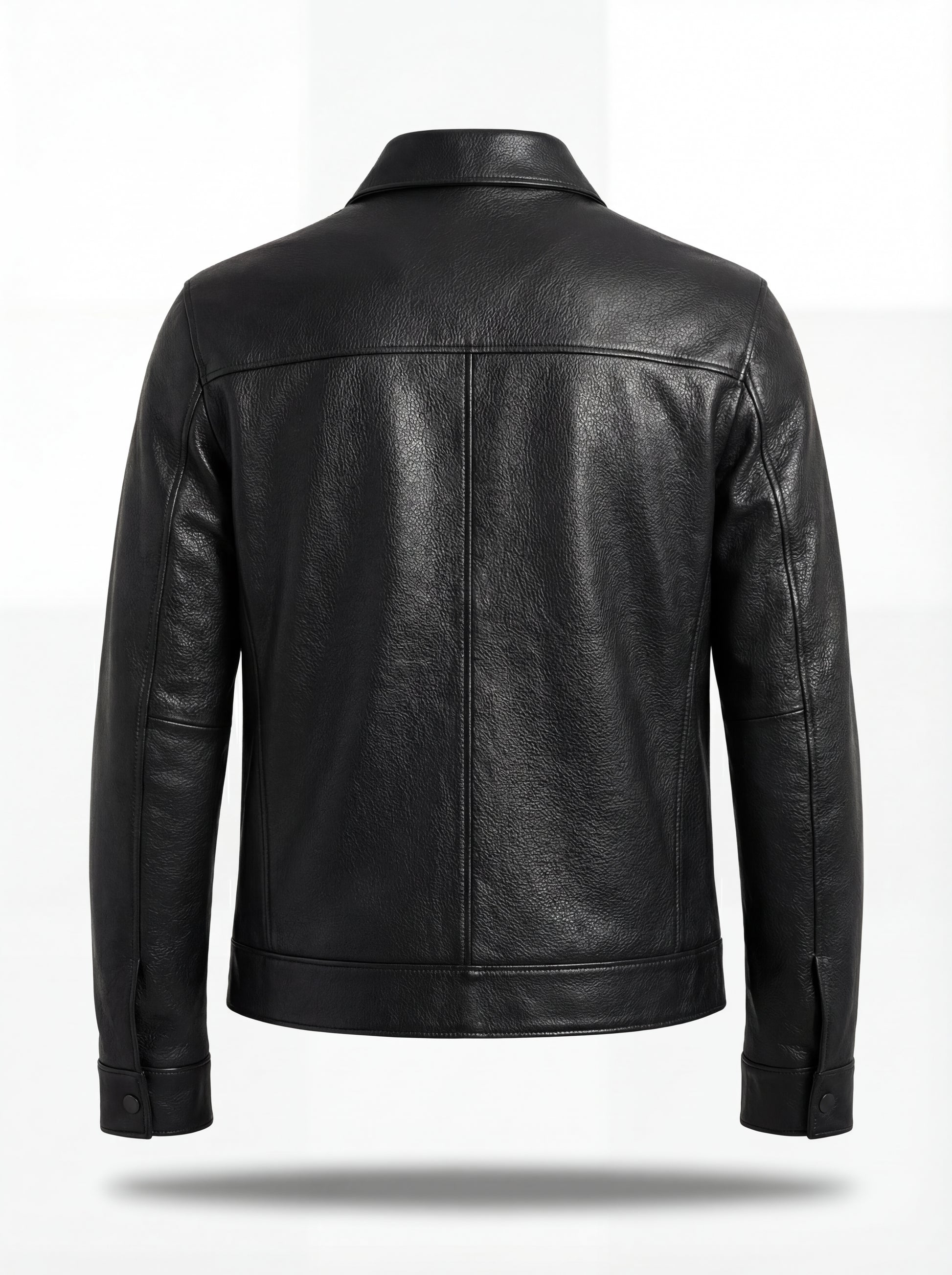 Rear view of black leather zip-front shirt showing vertical center seam and horizontal yoke paneling. The Spencer by Maverick Jacket.