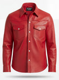 Men's red leather western shirt with pointed western yoke and dual chest flap pockets, Front View. The Griffin by Maverick Jacket.
