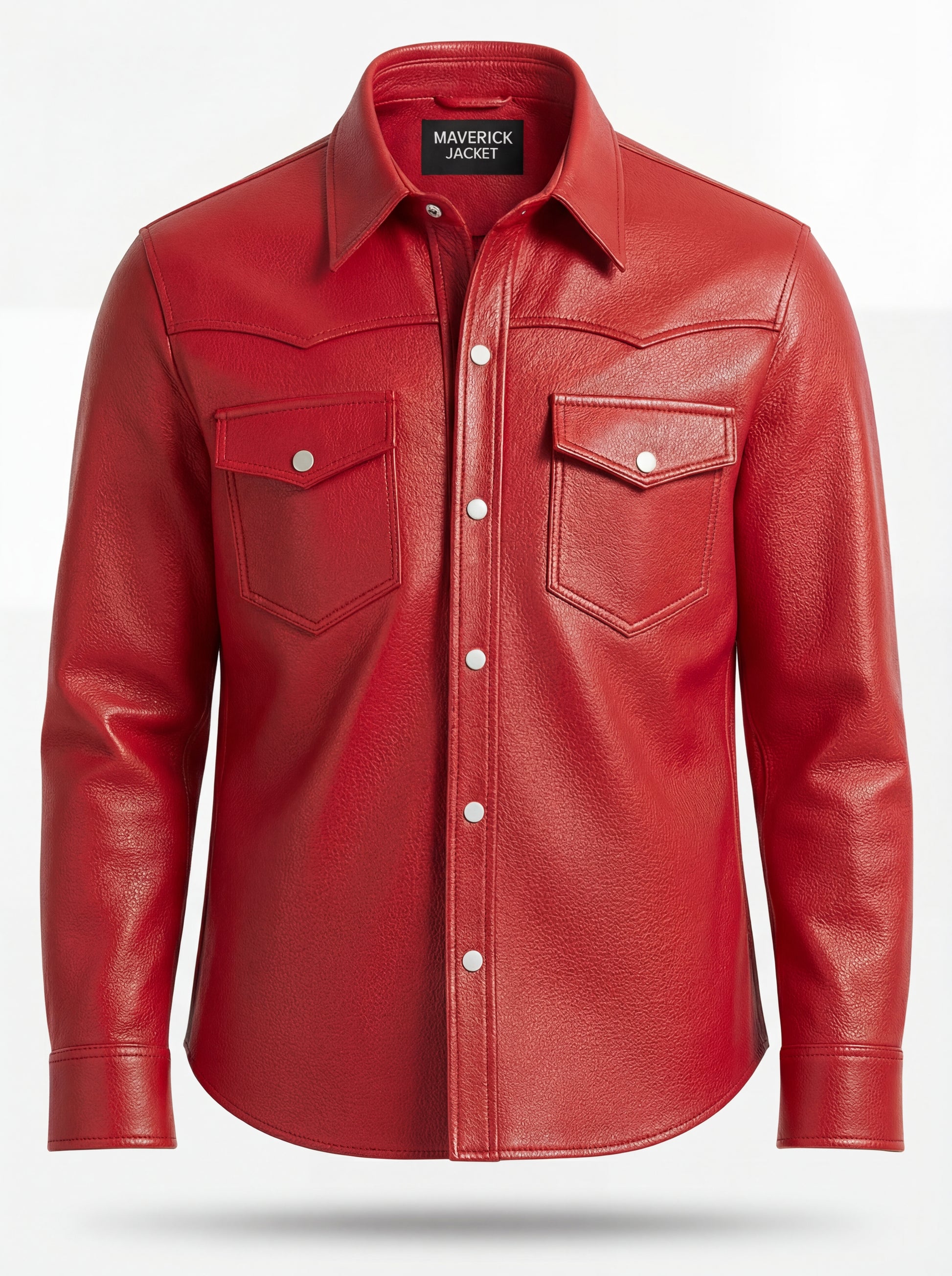 Men's red leather western shirt with pointed western yoke and dual chest flap pockets, Front View. The Griffin by Maverick Jacket.