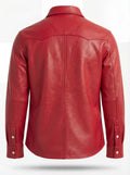 Rear view of red leather western shirt showing pointed western back yoke and center seam. The Griffin by Maverick Jacket.