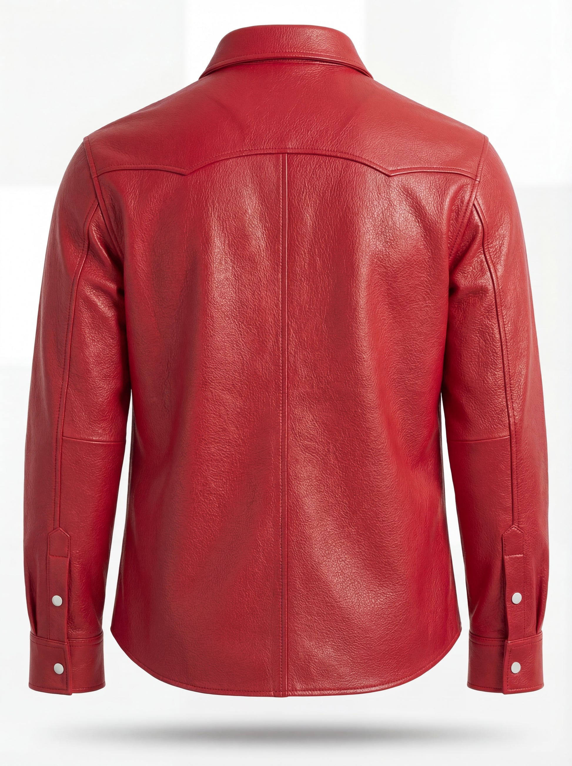 Rear view of red leather western shirt showing pointed western back yoke and center seam. The Griffin by Maverick Jacket.