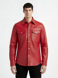 Male model wearing Maverick Griffin red leather western shirt, regular fit, styled with black jeans. Maverick Jacket.
