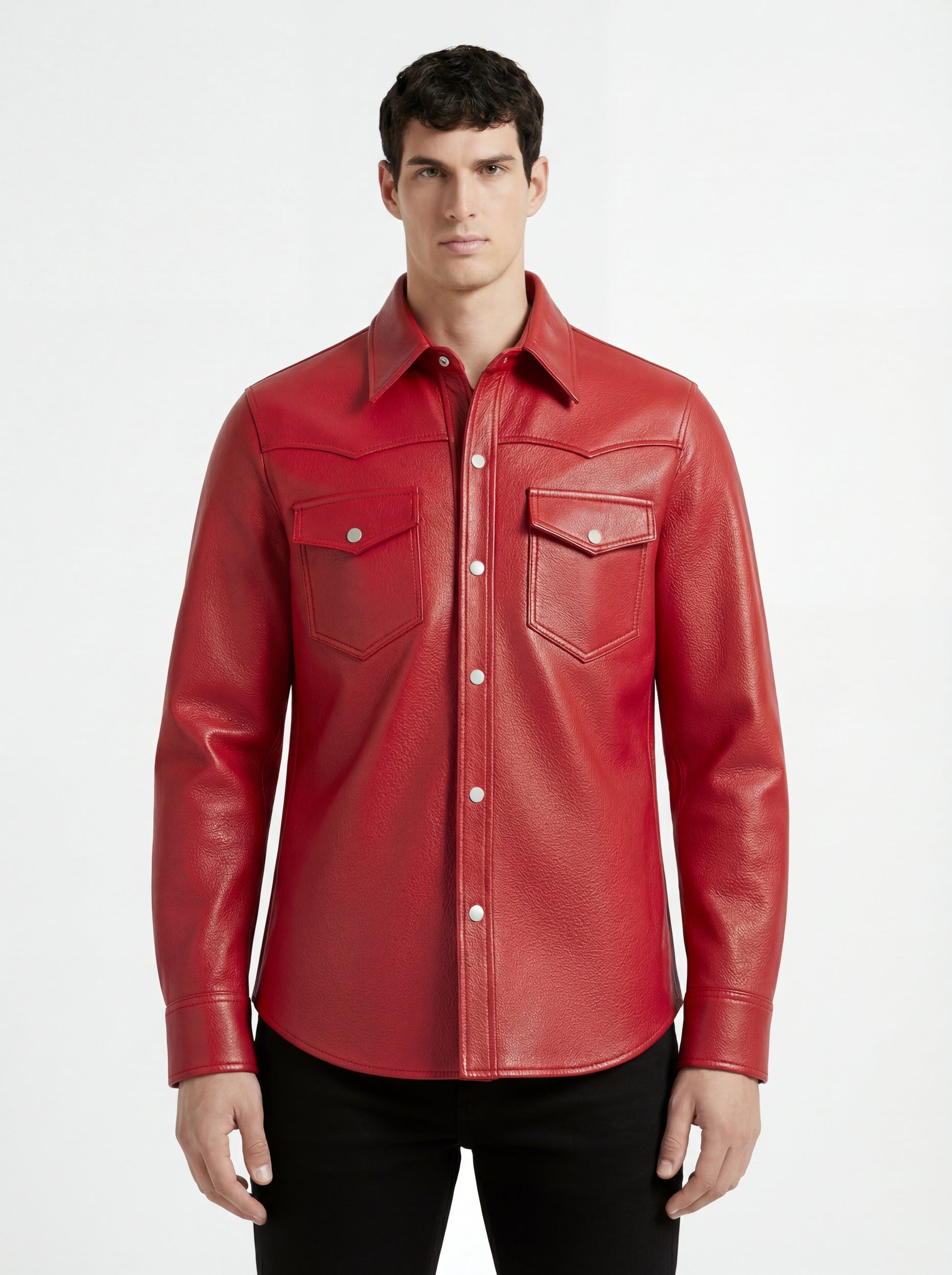 Male model wearing Maverick Griffin red leather western shirt, regular fit, styled with black jeans. Maverick Jacket.