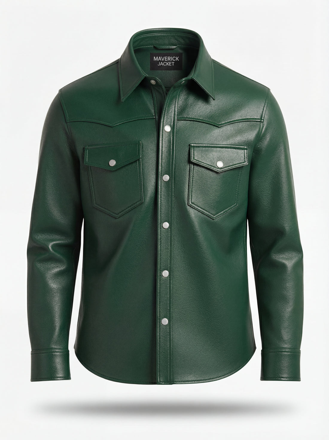 Men's green leather western shirt with pointed western yoke and dual chest flap pockets, Front View. The Cillian by Maverick Jacket.