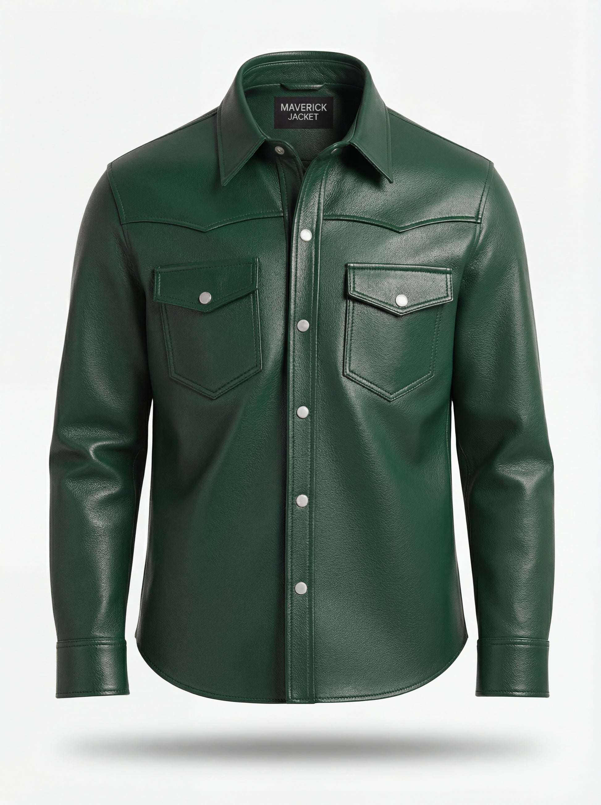 Men's green leather western shirt with pointed western yoke and dual chest flap pockets, Front View. The Cillian by Maverick Jacket.