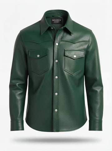 Men's green leather western shirt with pointed western yoke and dual chest flap pockets, Front View. The Cillian by Maverick Jacket.