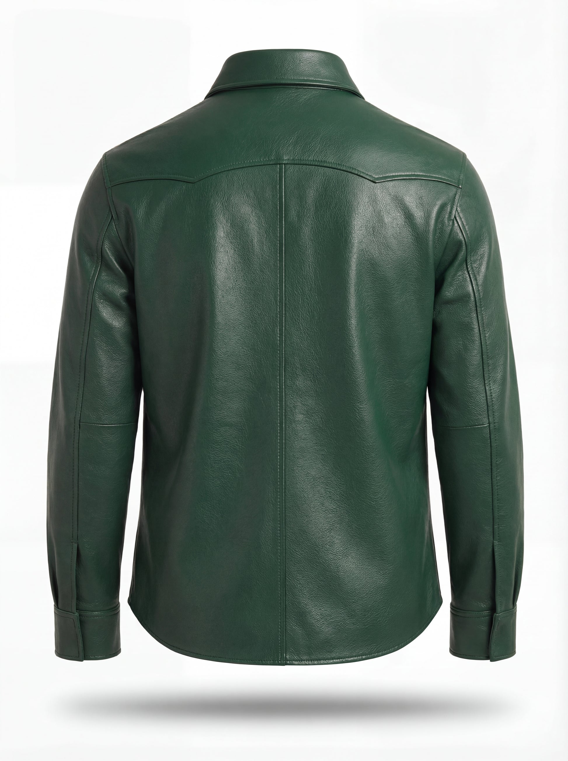 Rear view of green leather western shirt showing pointed western back yoke and center seam. The Cillian by Maverick Jacket.