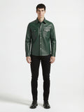 Male model wearing Maverick Cillian green leather western shirt, regular fit, styled with black jeans. Maverick Jacket.