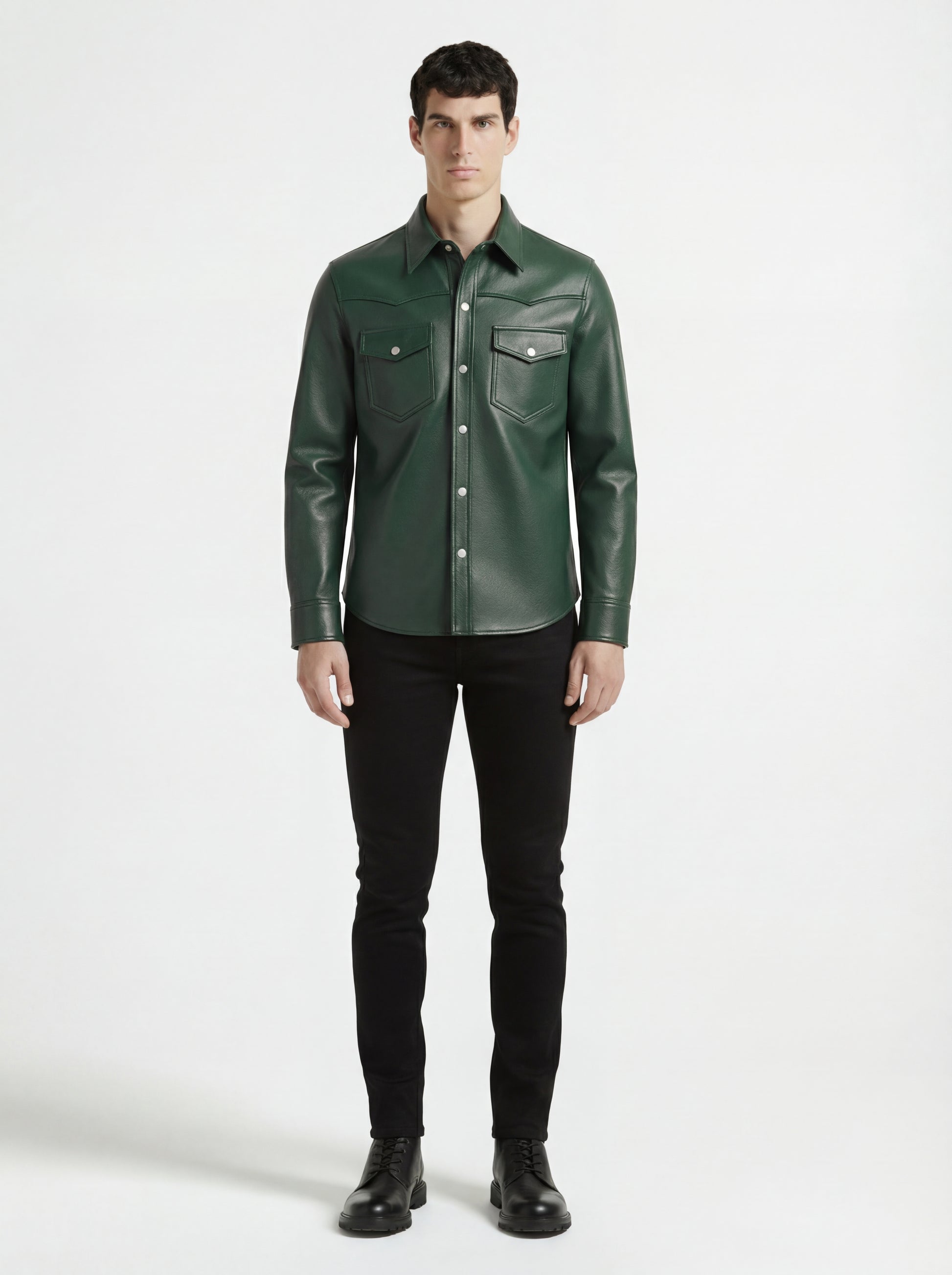 Male model wearing Maverick Cillian green leather western shirt, regular fit, styled with black jeans. Maverick Jacket.