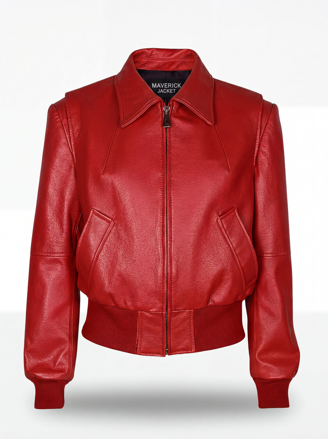 Women's red leather bomber jacket with ribbed knit waistband and pointed shirt collar, Front View. The Isla by Maverick Jacket.