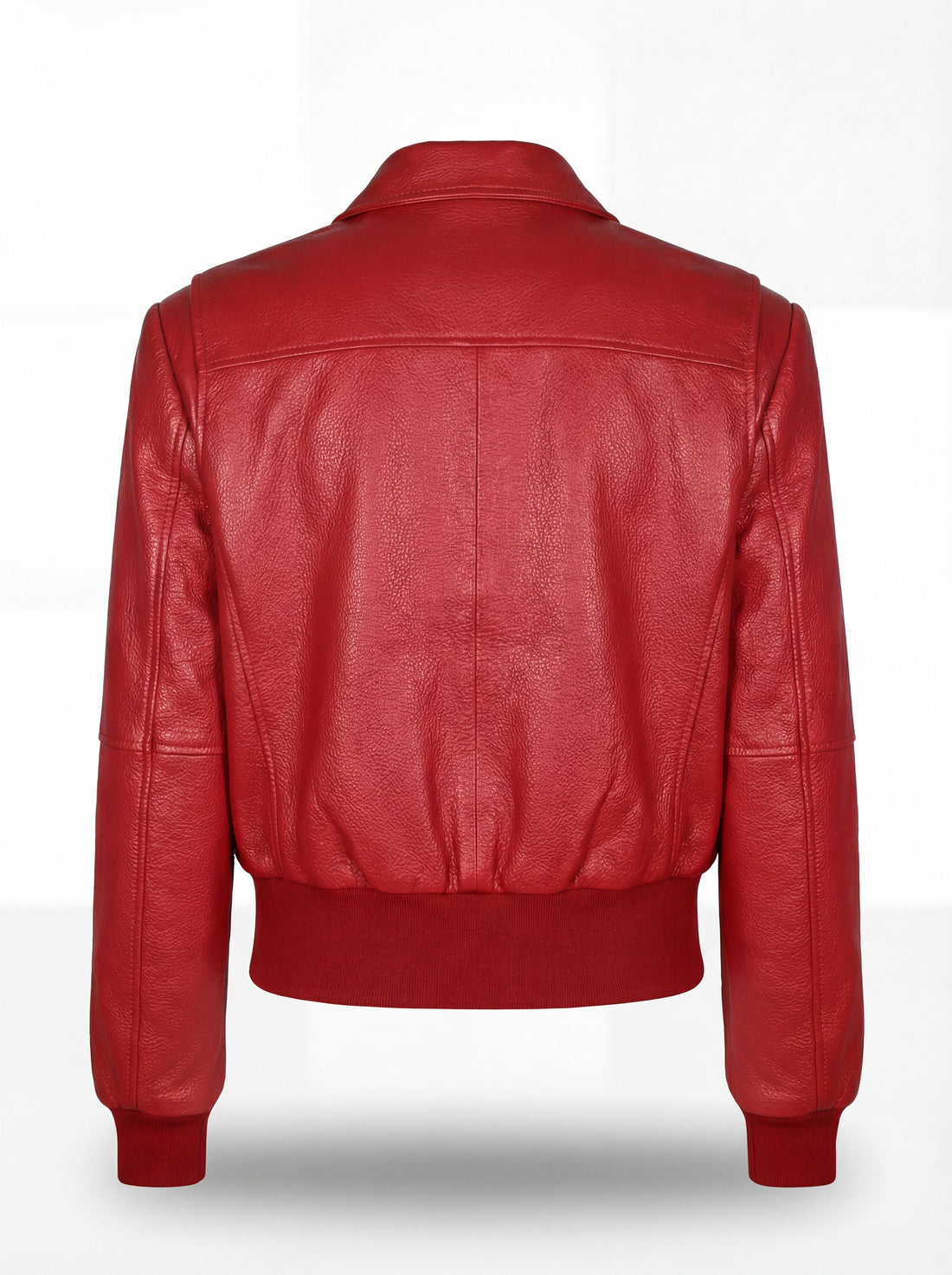 Women's red leather bomber jacket with ribbed knit waistband and pointed shirt collar, Front View. The Isla by Maverick Jacket.