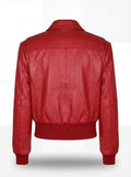 Rear view of red leather bomber jacket showing vertical back seam and elasticated ribbed hem. The Isla by Maverick Jacket.