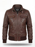Women's brown leather bomber jacket with ribbed knit hem and dual chest flap pockets, Front View. The Sienna by Maverick Jacket.