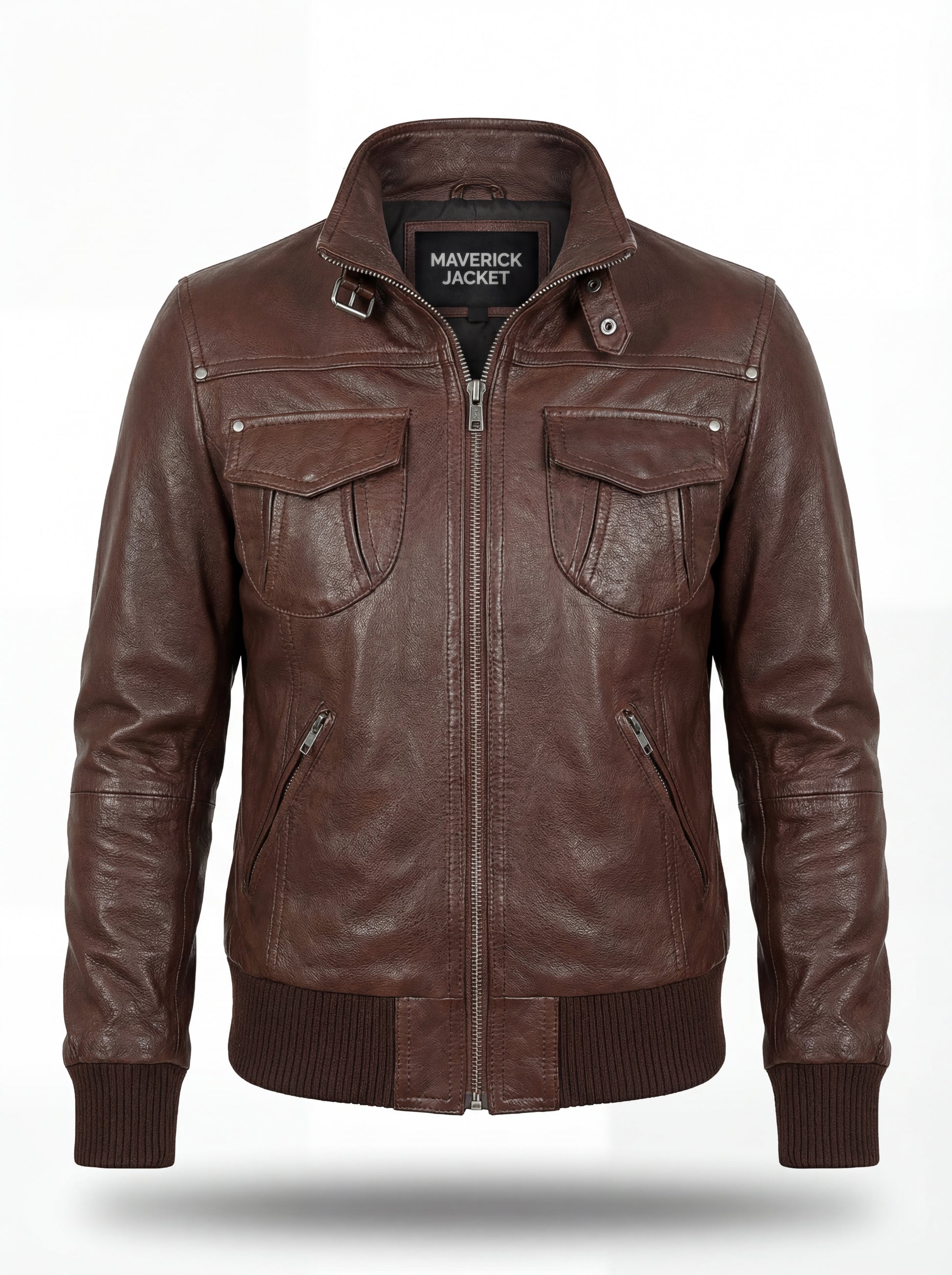 Women's brown leather bomber jacket with ribbed knit hem and dual chest flap pockets, Front View. The Sienna by Maverick Jacket.