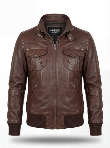 Women's brown leather bomber jacket with ribbed knit hem and dual chest flap pockets, Front View. The Sienna by Maverick Jacket.