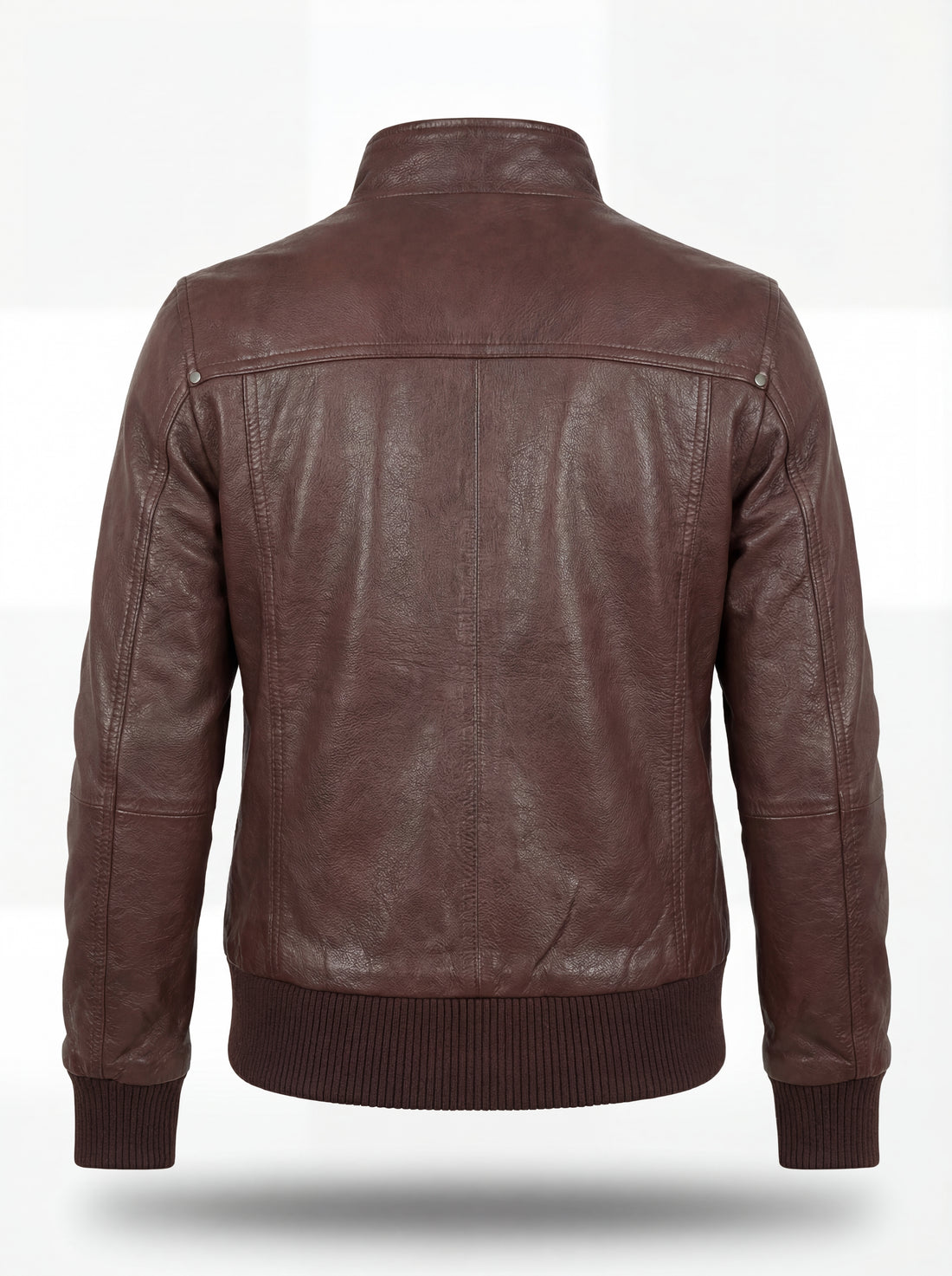 Women's brown leather bomber jacket with ribbed knit hem and dual chest flap pockets, Front View. The Sienna by Maverick Jacket.