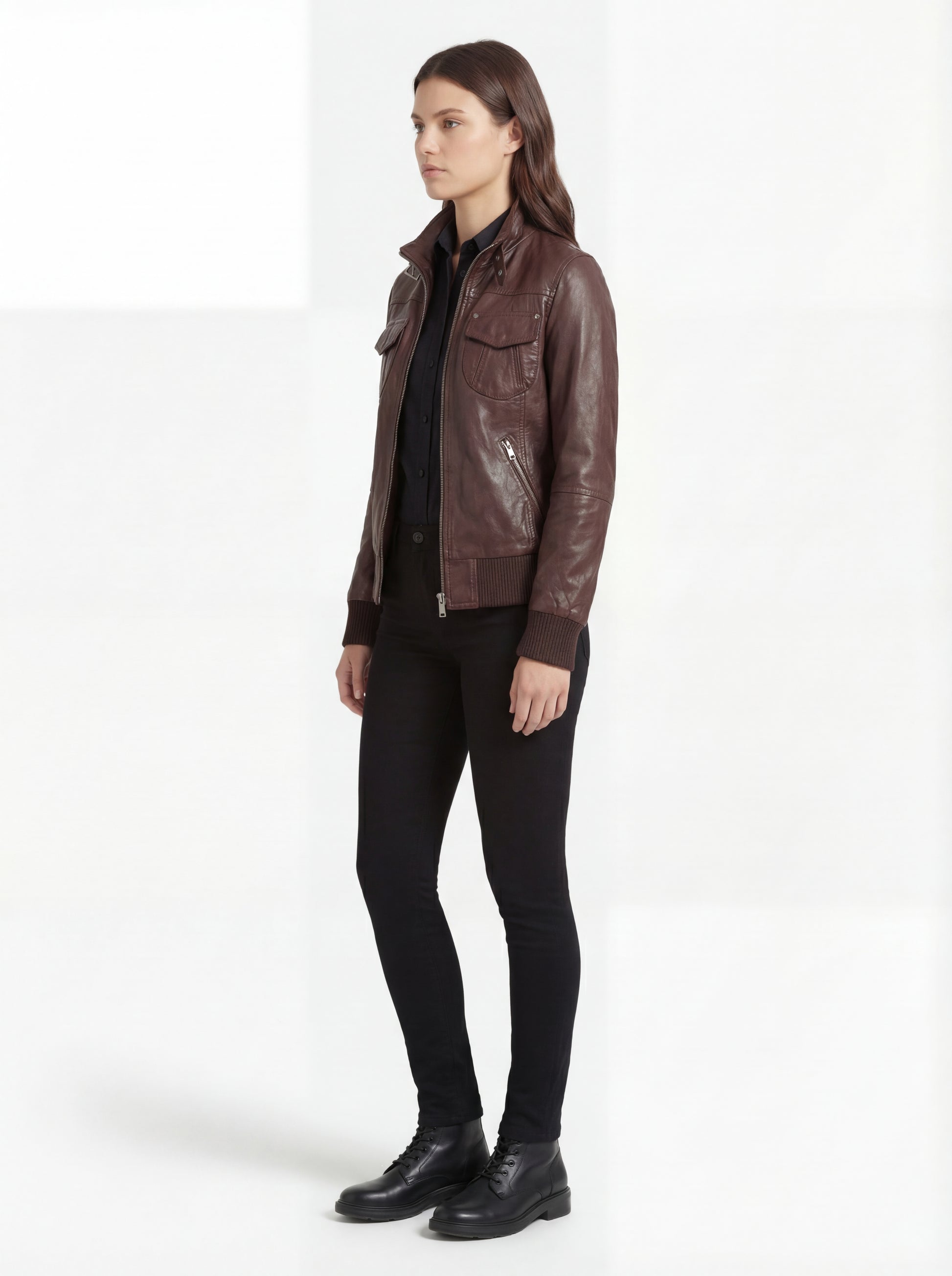 Side profile of Maverick Sienna brown bomber jacket showing ribbed cuffs and fitted bomber silhouette. Maverick Jacket.