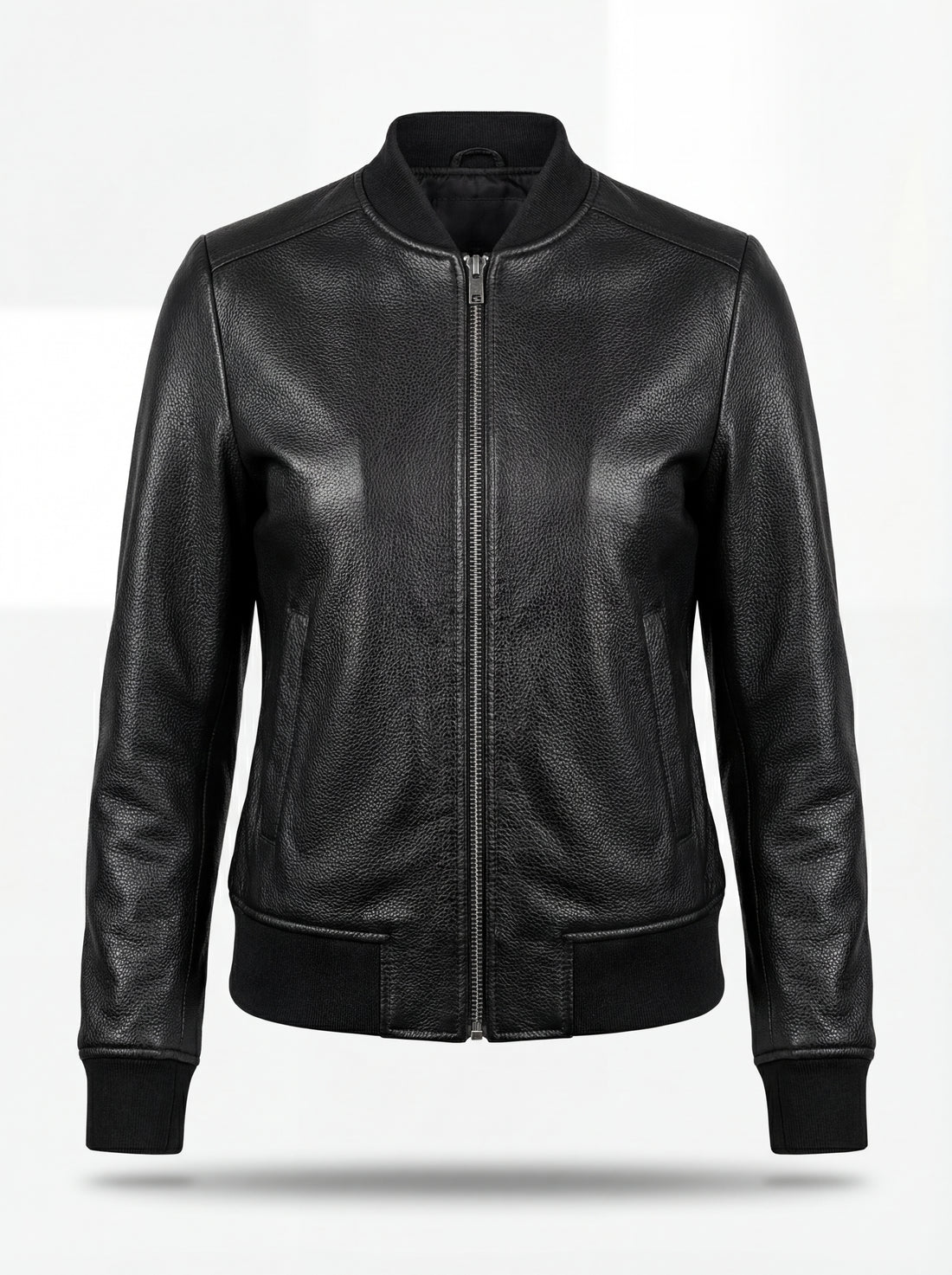 Women's black pebbled leather bomber jacket with ribbed knit collar and silver zipper, Front View. The Roxy by Maverick Jacket.