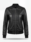 Women's black pebbled leather bomber jacket with ribbed knit collar and silver zipper, Front View. The Roxy by Maverick Jacket.