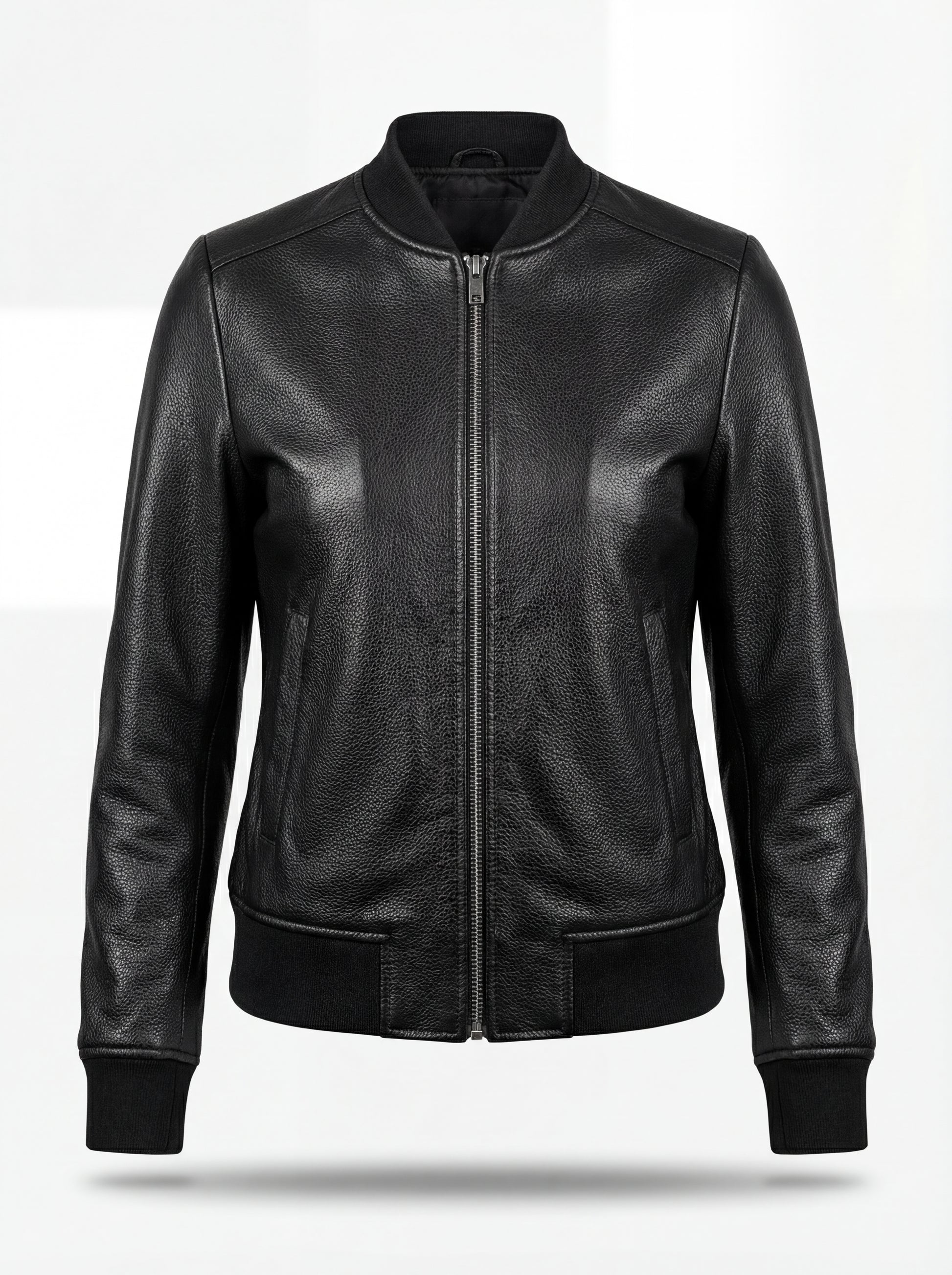Women's black pebbled leather bomber jacket with ribbed knit collar and silver zipper, Front View. The Roxy by Maverick Jacket.