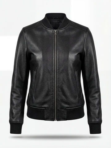 Women's black pebbled leather bomber jacket with ribbed knit collar and silver zipper, Front View. The Roxy by Maverick Jacket.