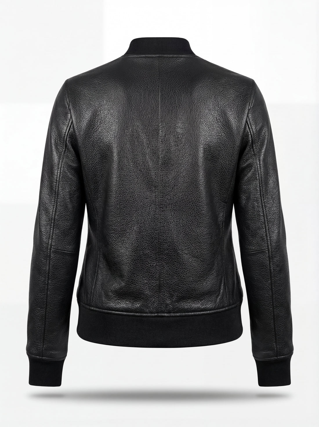 Women's black pebbled leather bomber jacket with ribbed knit collar and silver zipper, Front View. The Roxy by Maverick Jacket.