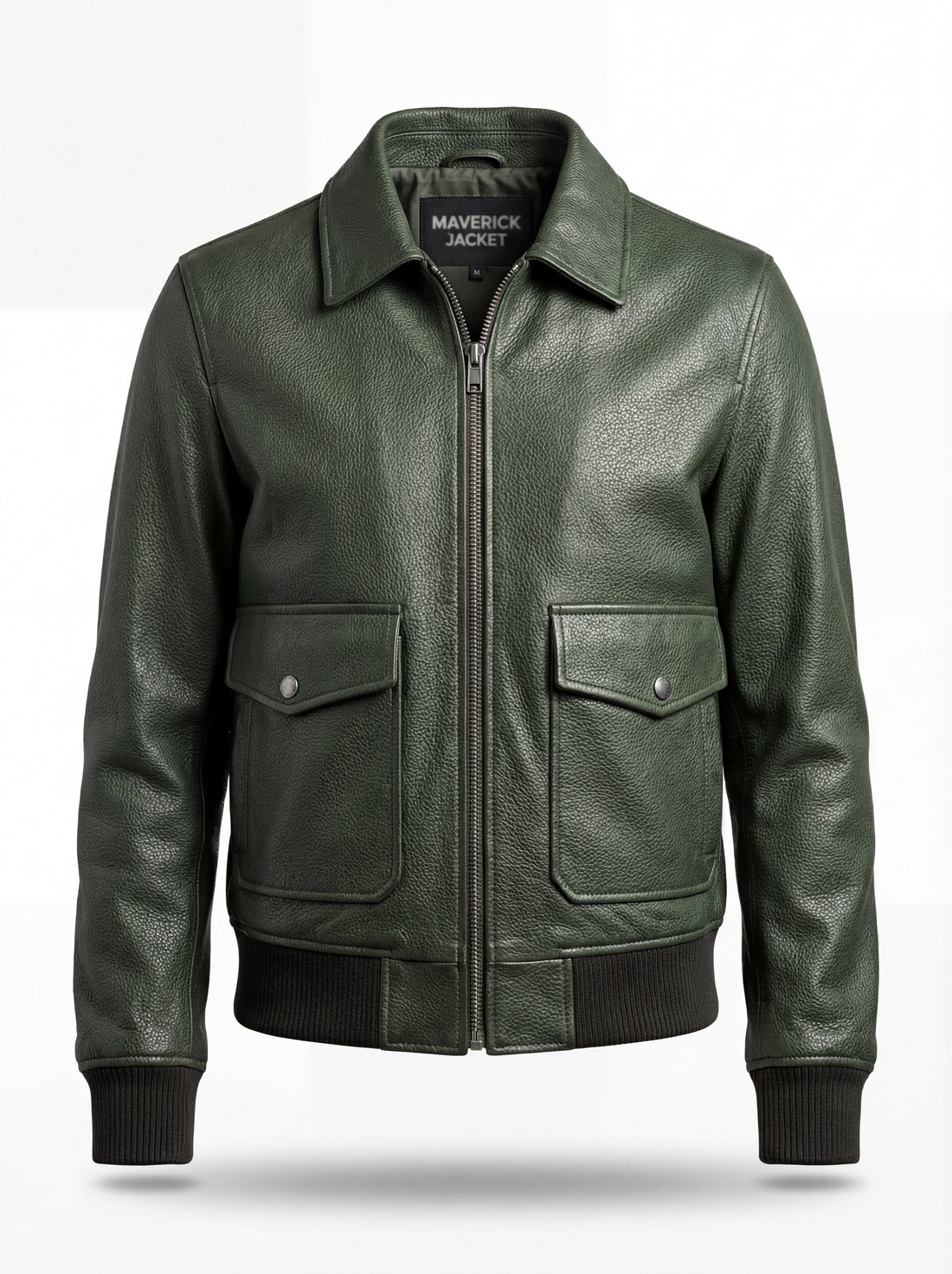 Women's green pebbled leather bomber with large flap waist pockets and ribbed knit trim, Front View. The Verdant by Maverick Jacket.