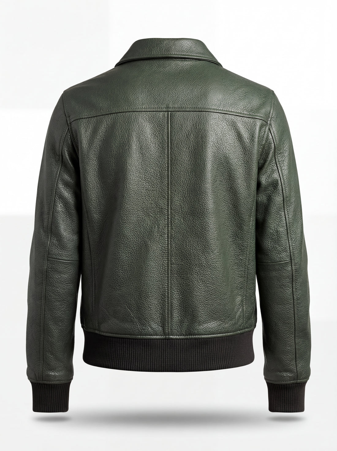 Women's green pebbled leather bomber with large flap waist pockets and ribbed knit trim, Front View. The Verdant by Maverick Jacket.