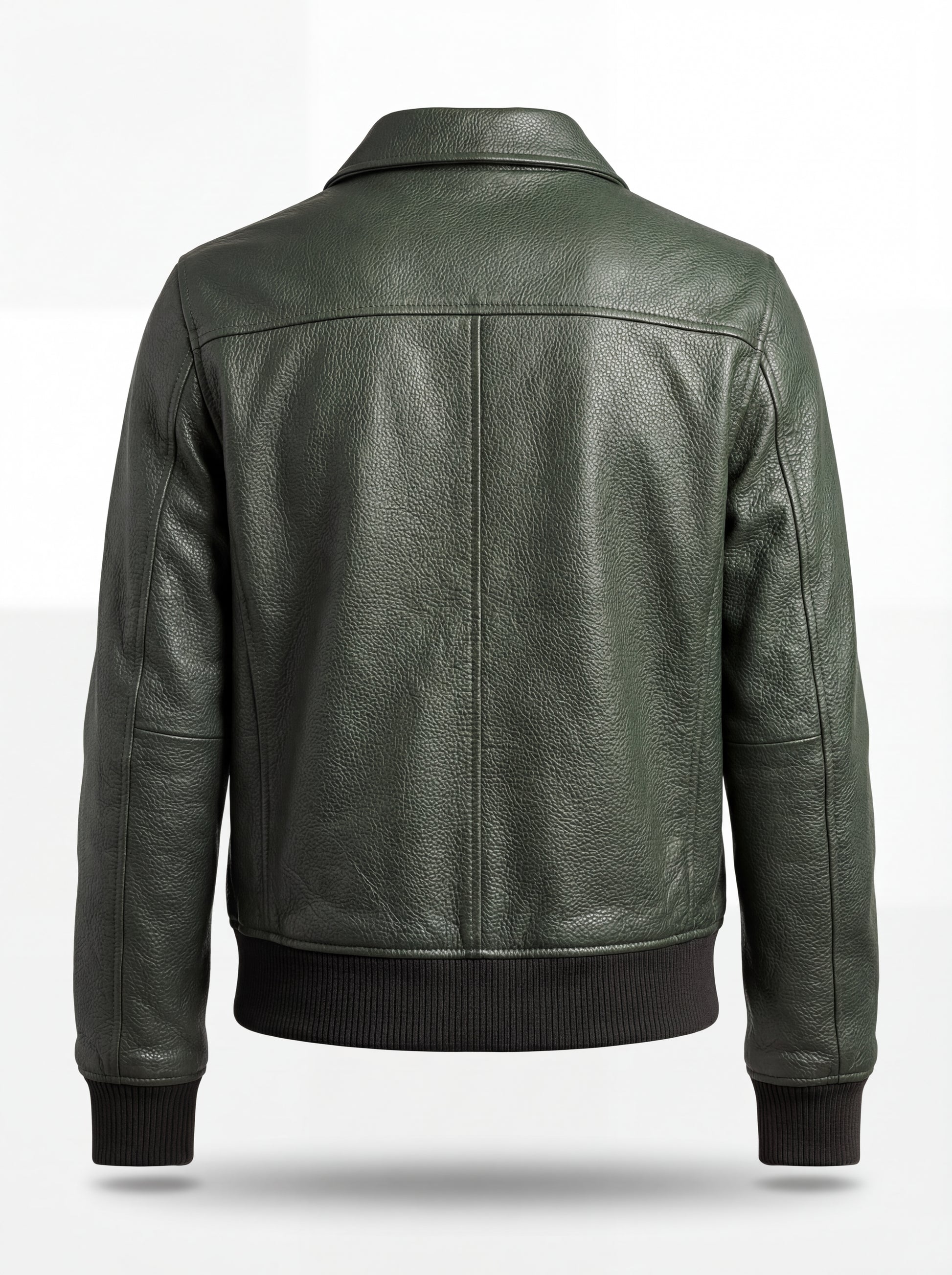 Rear view of green pebbled leather bomber jacket showing central vertical seam and ribbed hem. The Verdant by Maverick Jacket.