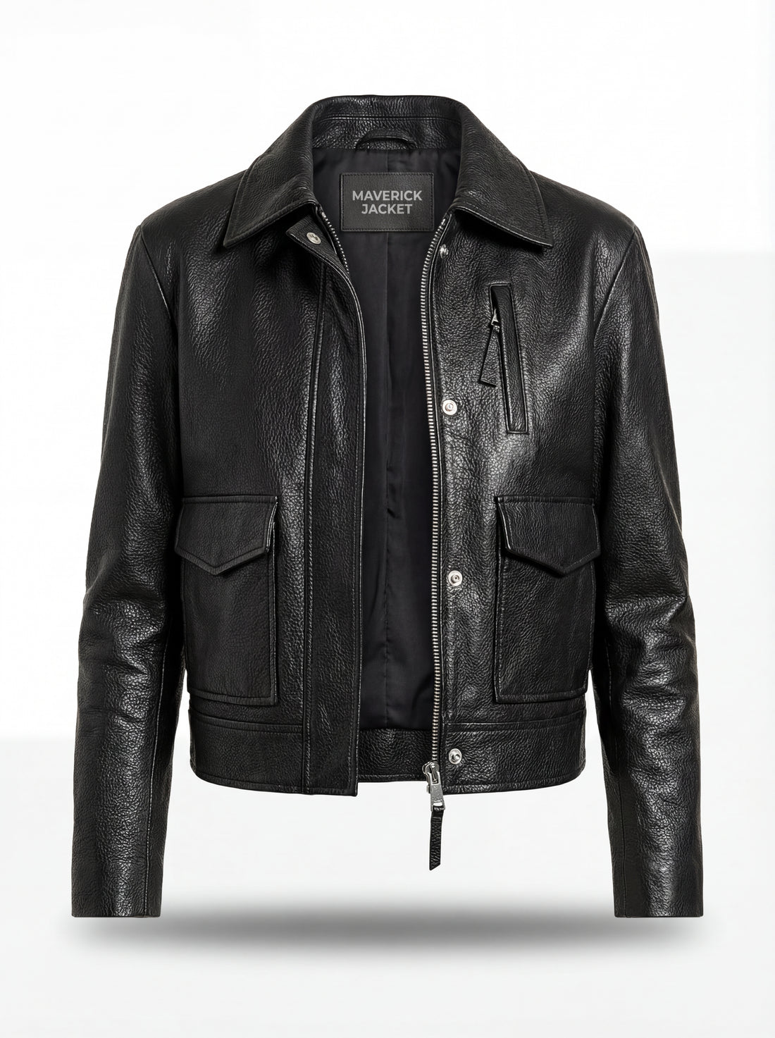 Women's black leather trucker jacket with dual flap waist pockets and vertical chest zipper, Front View. The Matrix by Maverick Jacket.