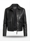 Women's black leather trucker jacket with dual flap waist pockets and vertical chest zipper, Front View. The Matrix by Maverick Jacket.