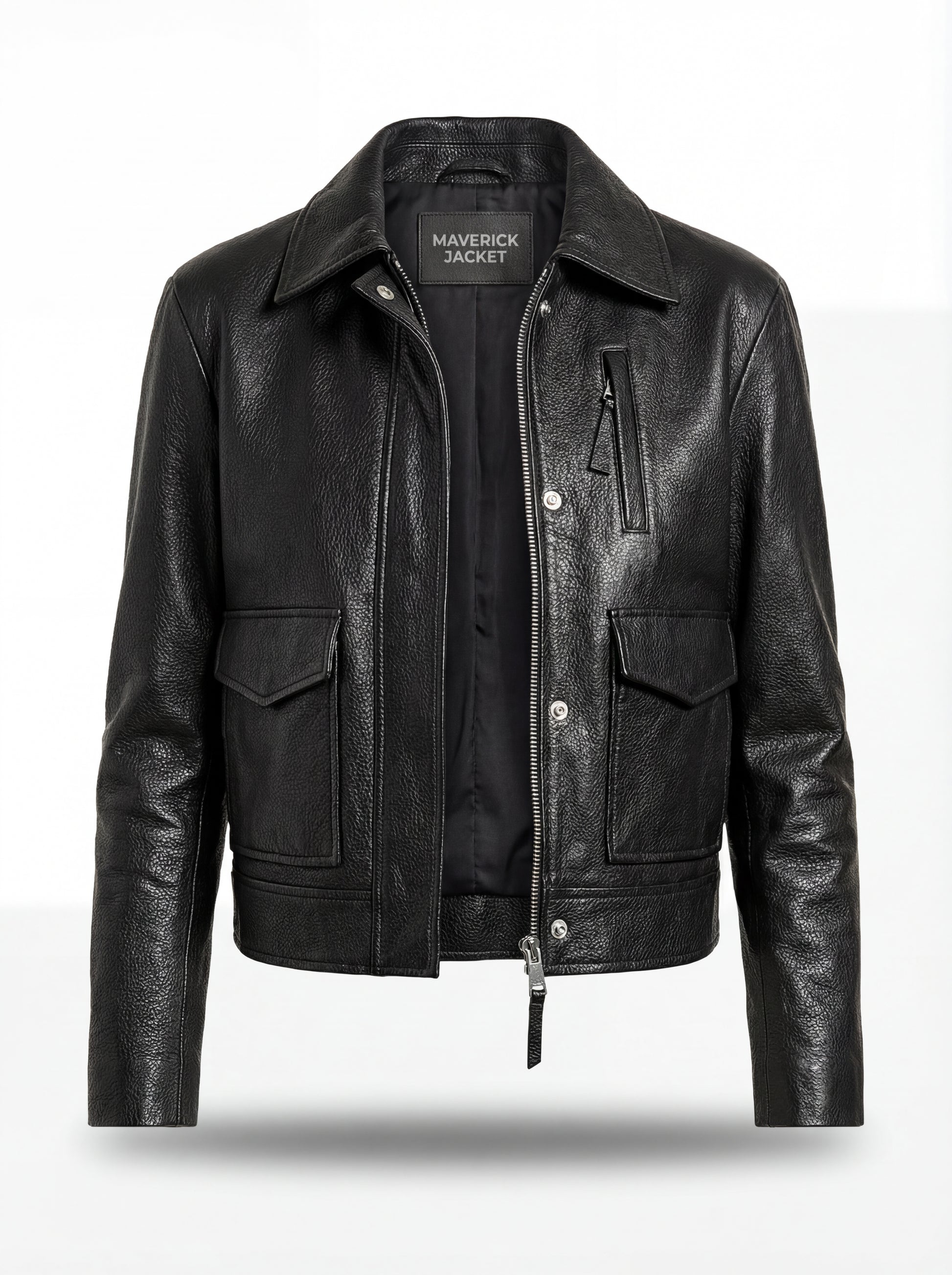 Women's black leather trucker jacket with dual flap waist pockets and vertical chest zipper, Front View. The Matrix by Maverick Jacket.