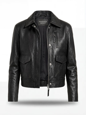 Women's black leather trucker jacket with dual flap waist pockets and vertical chest zipper, Front View. The Matrix by Maverick Jacket.