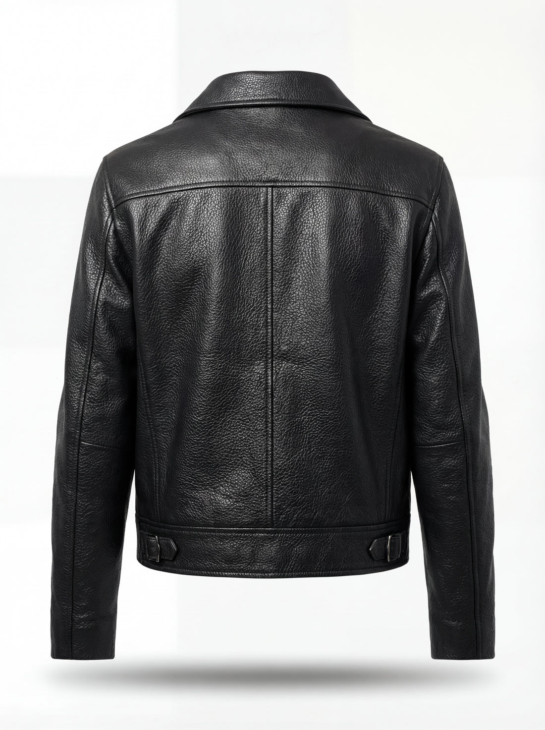 Women's black leather trucker jacket with dual flap waist pockets and vertical chest zipper, Front View. The Matrix by Maverick Jacket.